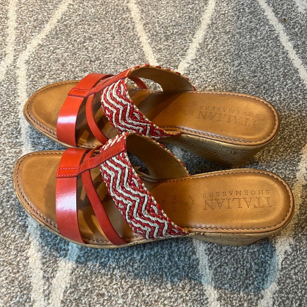 Italian Shoemakers - Women’s Cork Wedge Sandals | Coral and White | Size 9.5-10